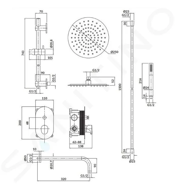 Cersanit Inverto - Conjunto de ducha con grifo empotrado, con cuerpo, diámetro 25 cm, dorado S952-007