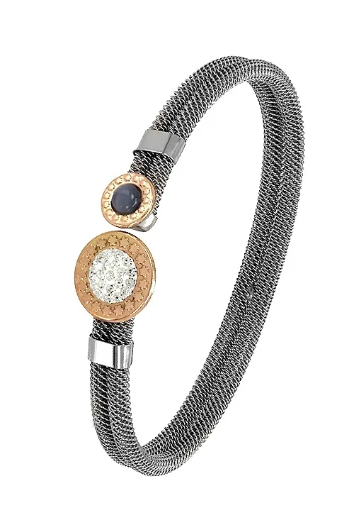 Pulsera rígida acero y oro topes circulares con piedras 094_61552P-6